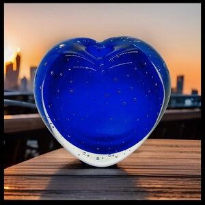 Cobalt Blue Sommerso Bullicante Heart Shaped Art Glass-Gorgeous Designs Encased